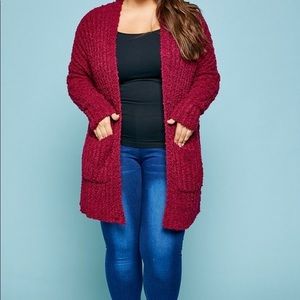 Plus Size 3x - Duster Popcorn Cardigan - Boutique - Burgundy